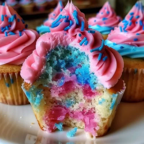 Colorful cotton candy cupcakes topped with fluffy frosting and sprinkles.