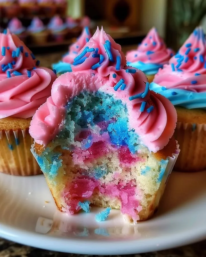 Colorful cotton candy cupcakes topped with fluffy frosting and sprinkles.