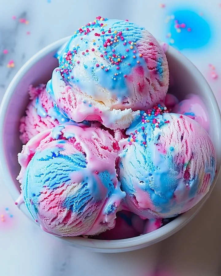Delicious cotton candy ice cream served in a cone, topped with sprinkles.