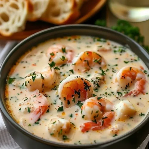 Delicious crab and shrimp seafood bisque served in a bowl