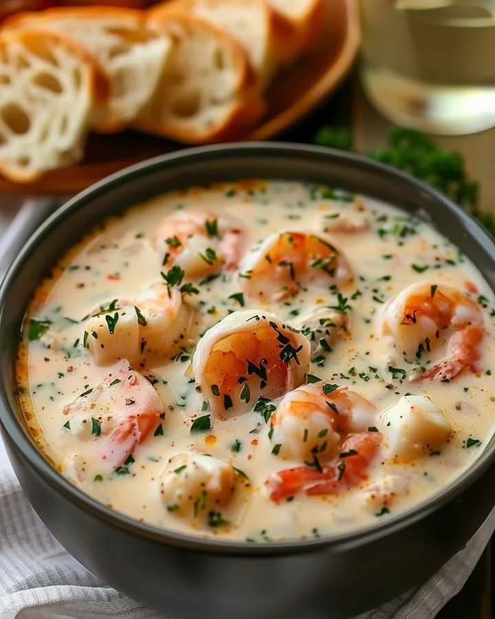 Delicious crab and shrimp seafood bisque served in a bowl