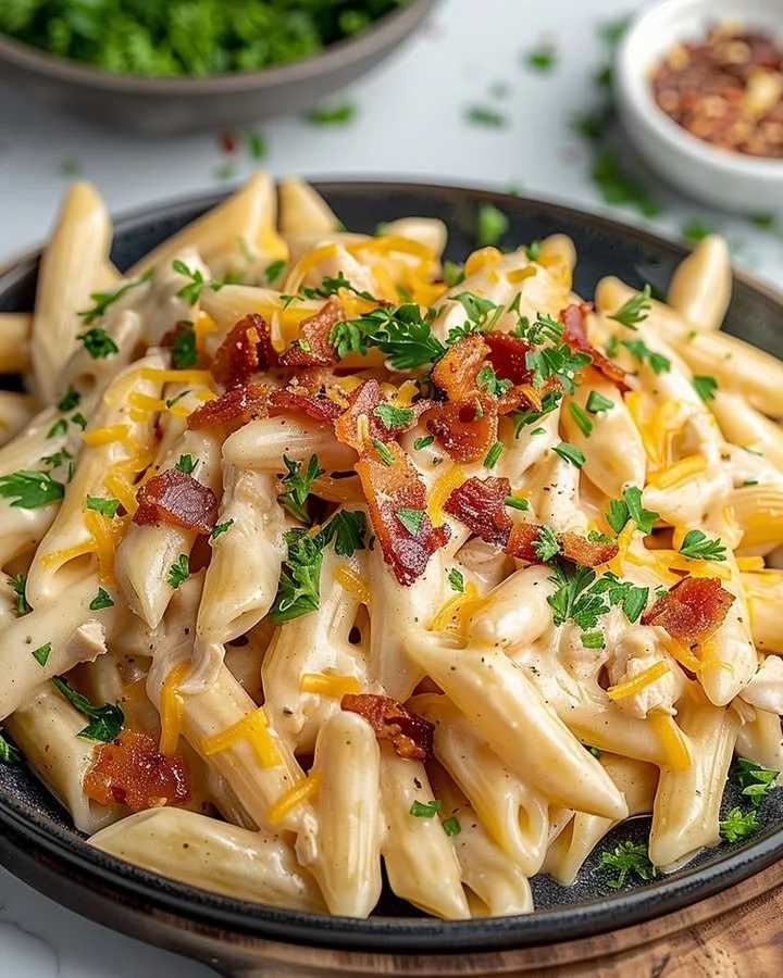 Plate of creamy Crack Chicken Penne pasta garnished with herbs.