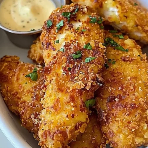 Delicious Crack Chicken Tenders served with dipping sauce on a plate.