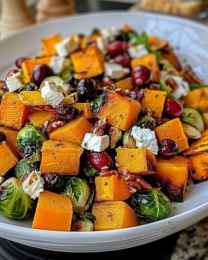 Cranberry-glazed roasted butternut squash salad served in a bowl