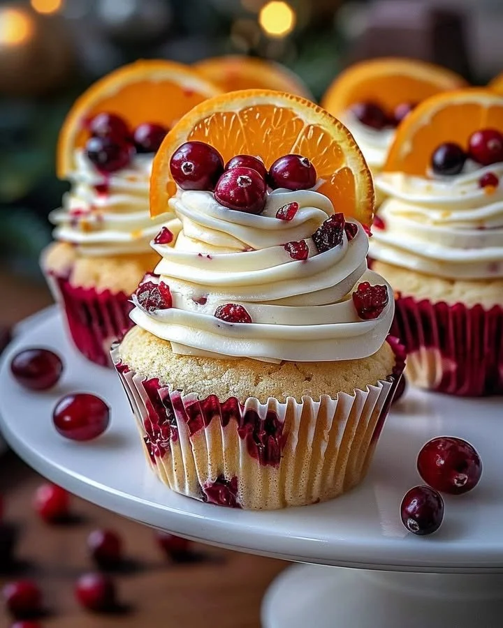 Cranberry Orange Cupcakes topped with white chocolate frosting and fresh cranberries