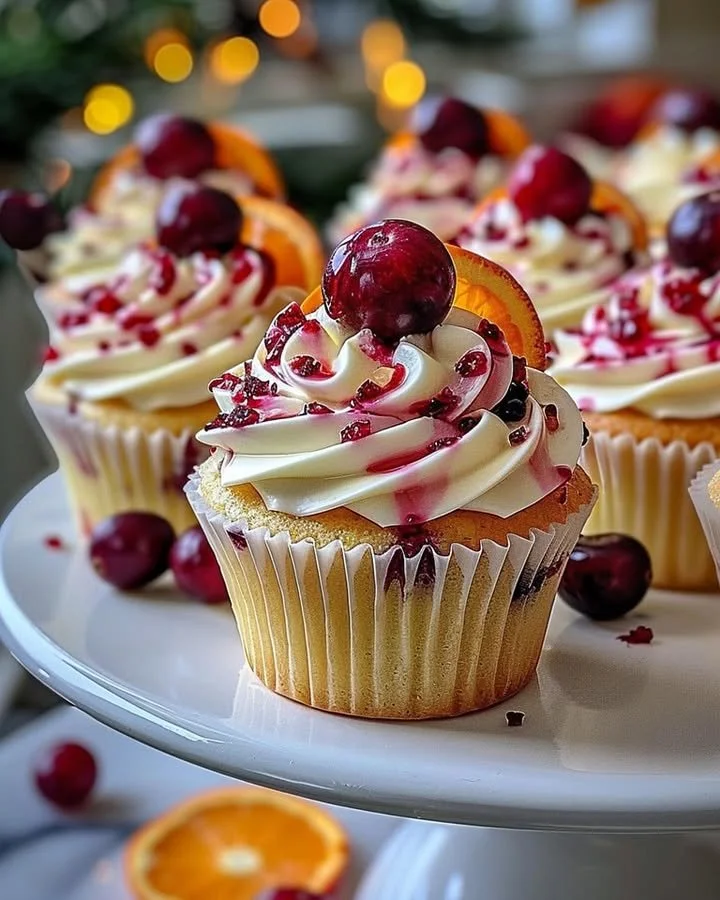 Delicious cranberry orange white chocolate cupcakes topped with festive decorations