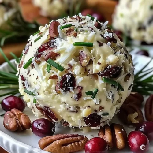 Cranberry pecan cheese ball served on a platter with crackers and garnishes