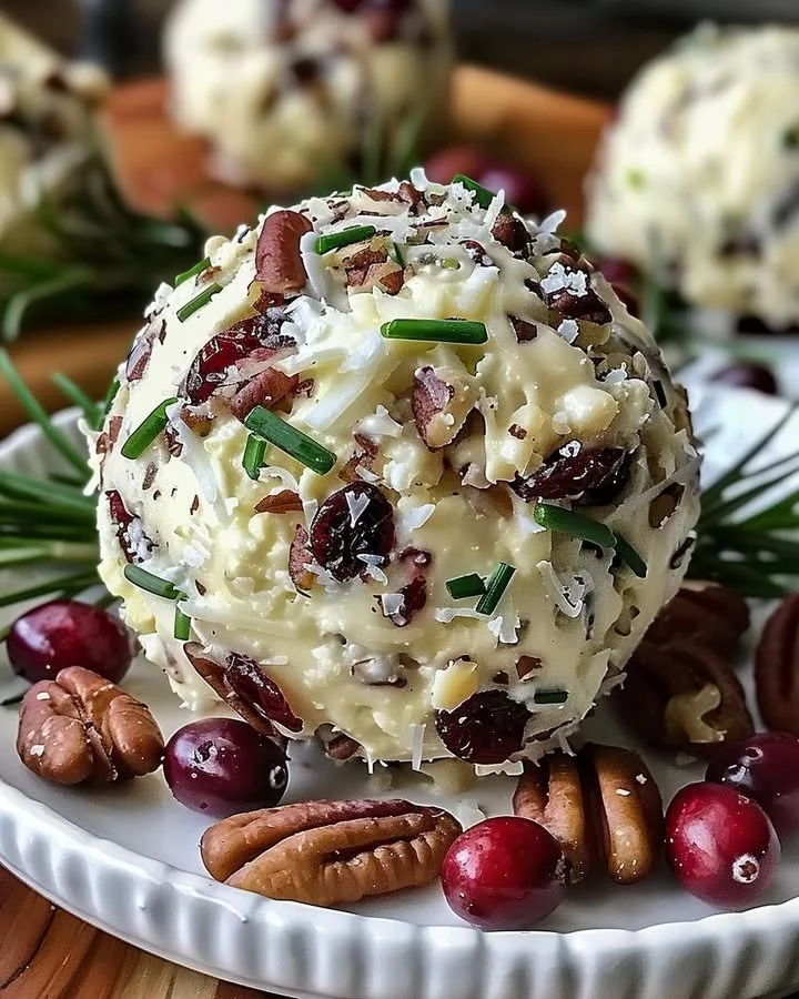 Cranberry pecan cheese ball served on a platter with crackers and garnishes