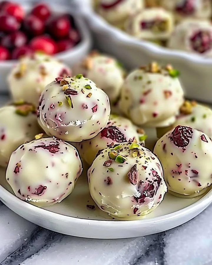 Cranberry Pistachio White Chocolate Truffles on a decorative plate