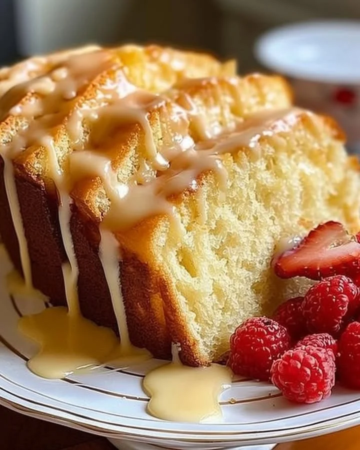 Delicious cream cheese pound cake slice served on a rustic plate