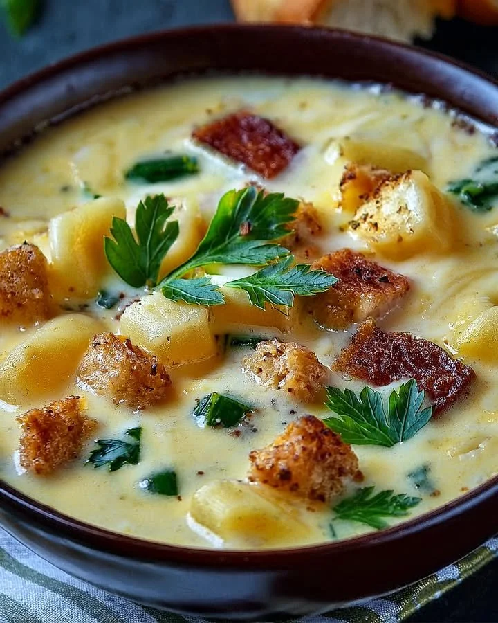 Creamy Alfredo Lasagna Soup in a bowl garnished with fresh herbs