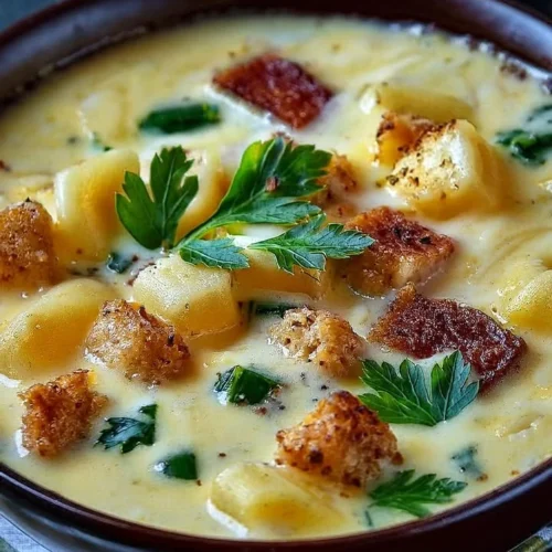 Bowl of creamy Alfredo Lasagna Soup topped with cheese and herbs