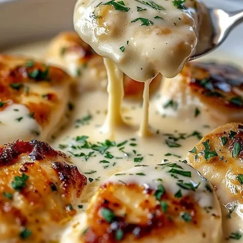 Creamy Asiago Chicken dish with sauce and herbs on a plate
