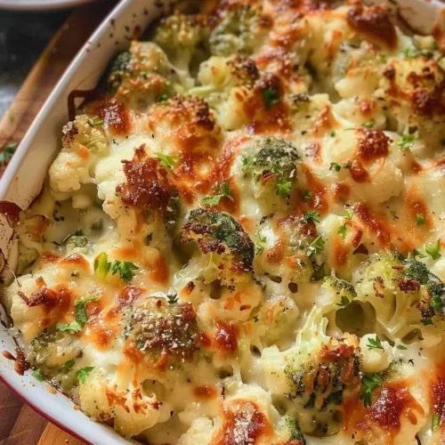 Creamy broccoli-cauliflower bake dish served in a casserole dish