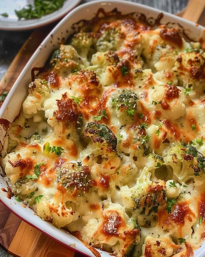 Creamy broccoli-cauliflower bake dish served in a casserole dish