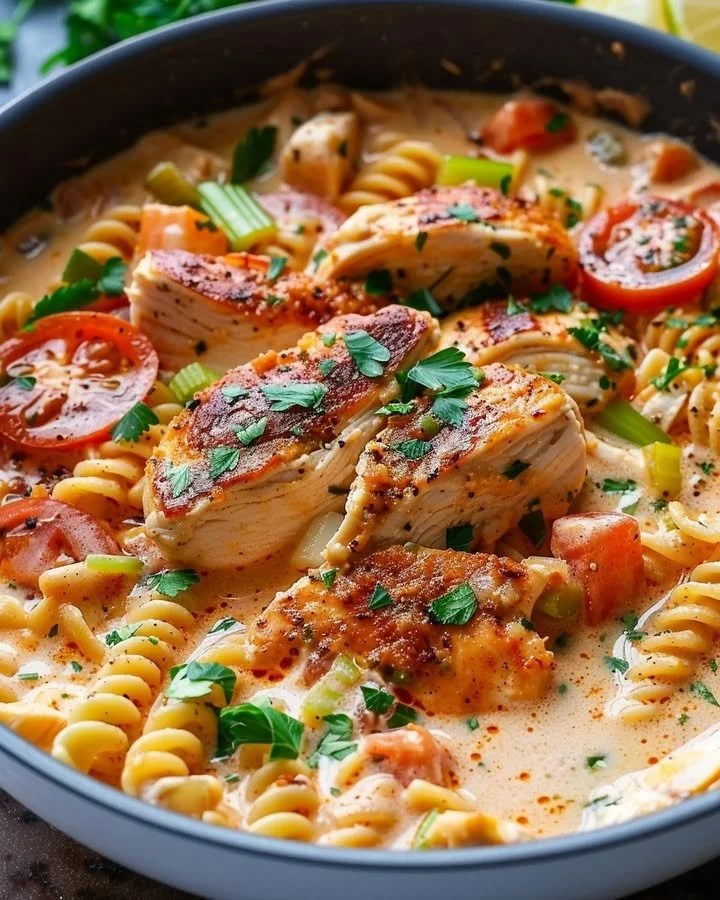 Creamy Cajun Chicken Pasta topped with spices and herbs
