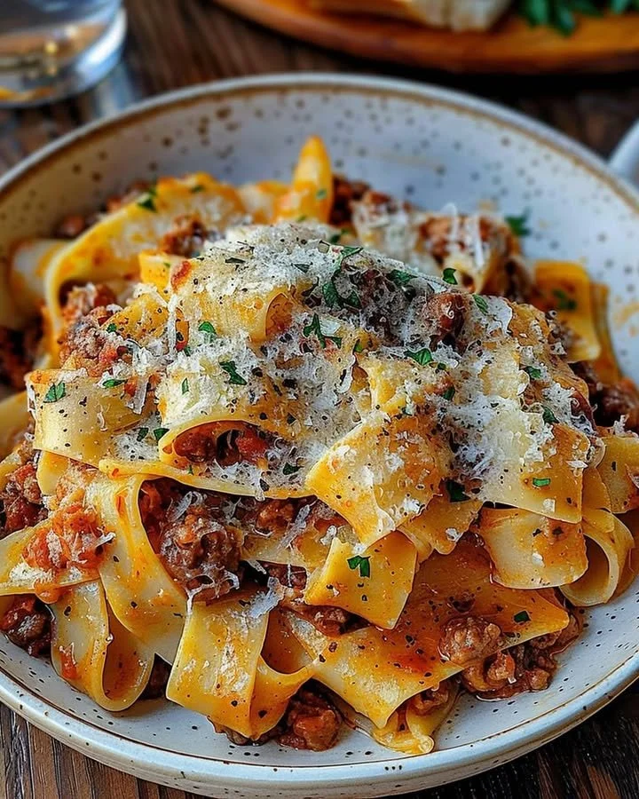 Creamy Calabrian Chili Pappardelle with sausage and fennel atop a wooden table