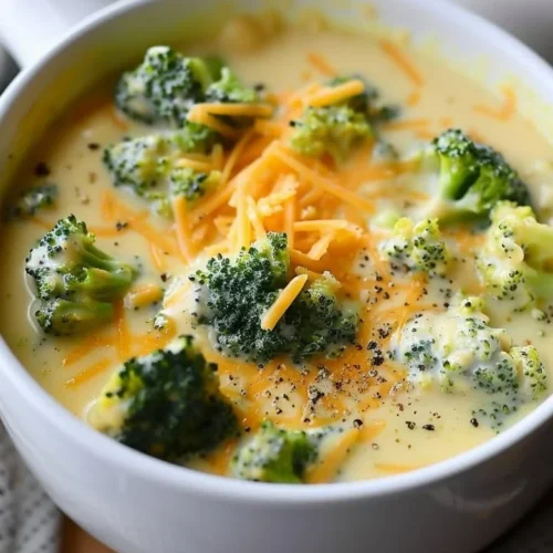 Bowl of creamy cheddar broccoli soup garnished with fresh herbs