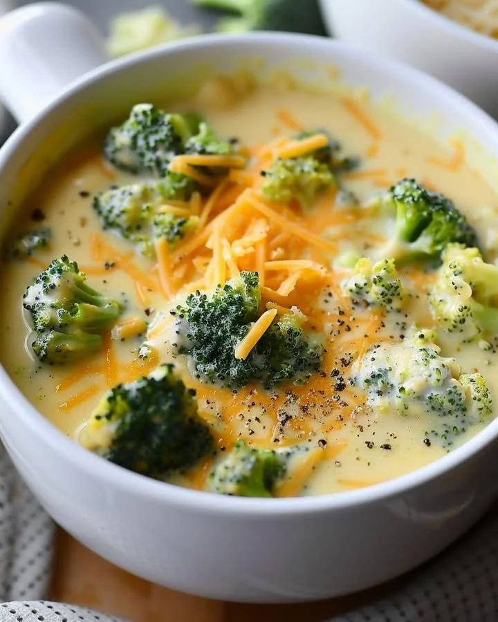 Bowl of creamy cheddar broccoli soup garnished with fresh herbs