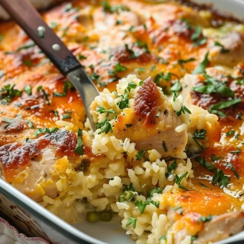 Creamy chicken and rice bake with tender chicken pieces and flavorful rice