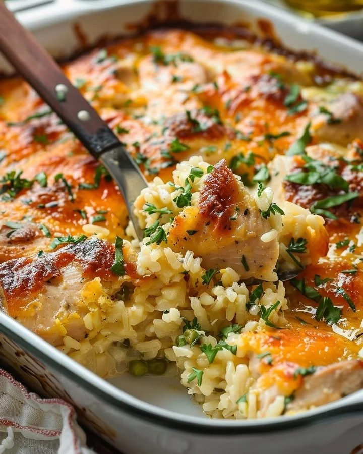 Creamy chicken and rice bake with tender chicken pieces and flavorful rice