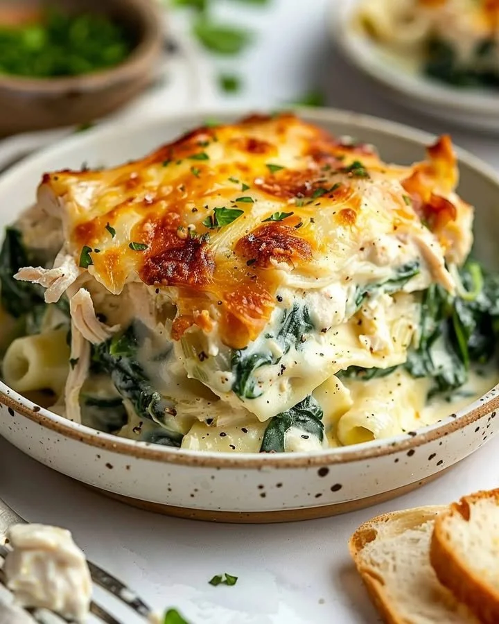 Creamy chicken and spinach casserole dish served in a baking dish