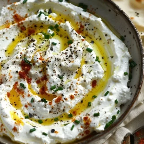 Creamy feta dip with ricotta and spicy honey drizzle served in a bowl