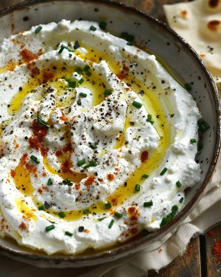 Creamy feta dip with ricotta and spicy honey drizzle served in a bowl