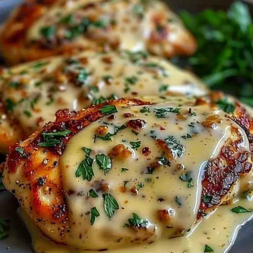 Creamy Garlic Chicken Parmesan dish garnished with herbs and cheese.