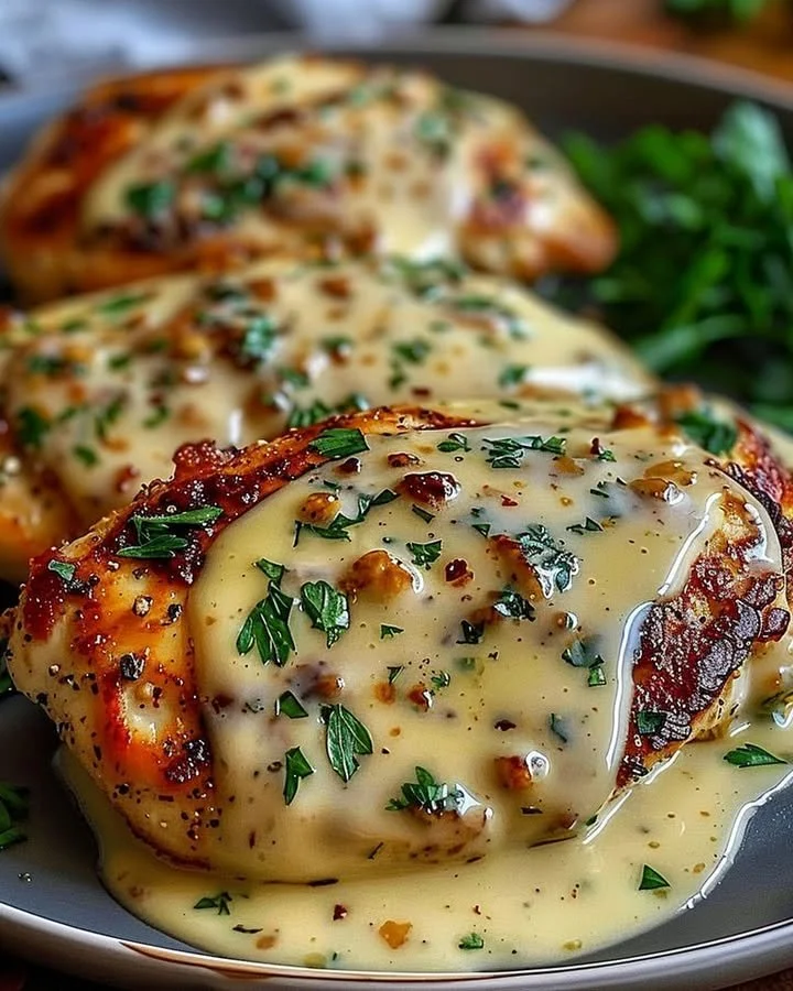 Creamy Garlic Chicken Parmesan dish garnished with herbs and cheese.