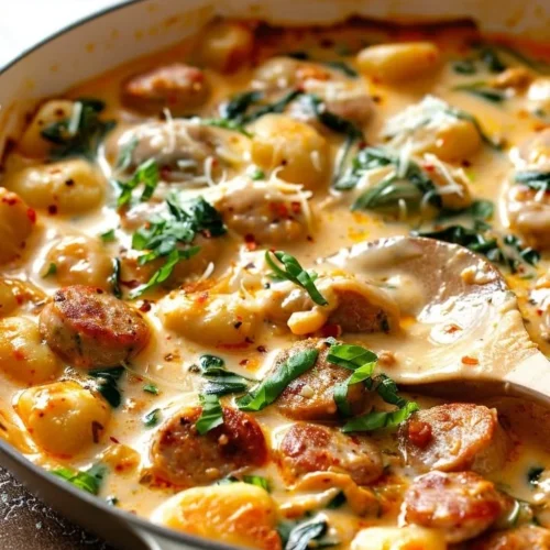 Creamy Italian sausage and spinach gnocchi served in a bowl