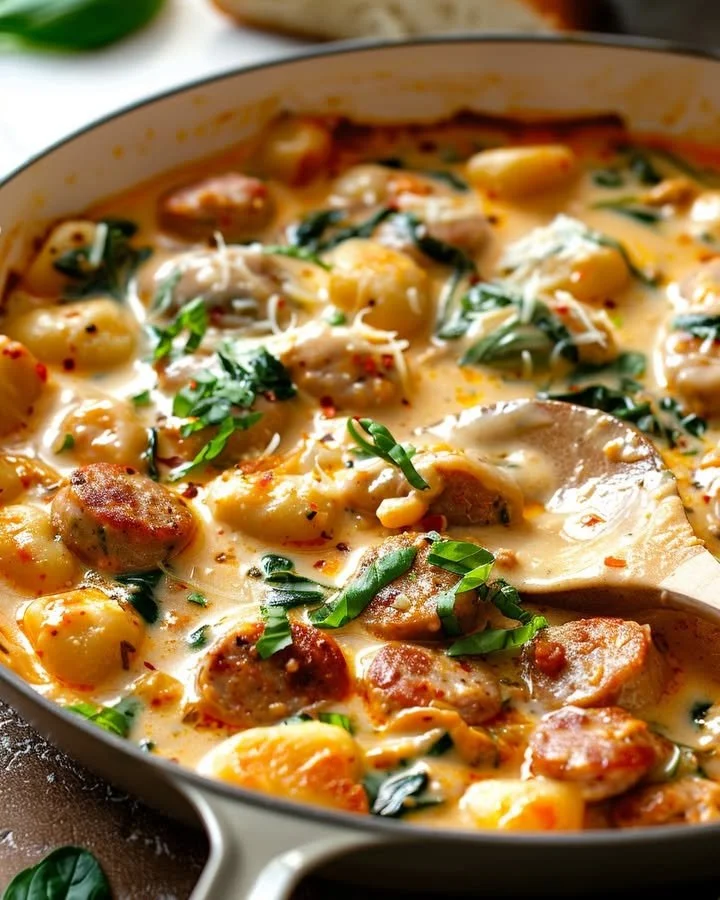 Creamy Italian sausage and spinach gnocchi served in a bowl