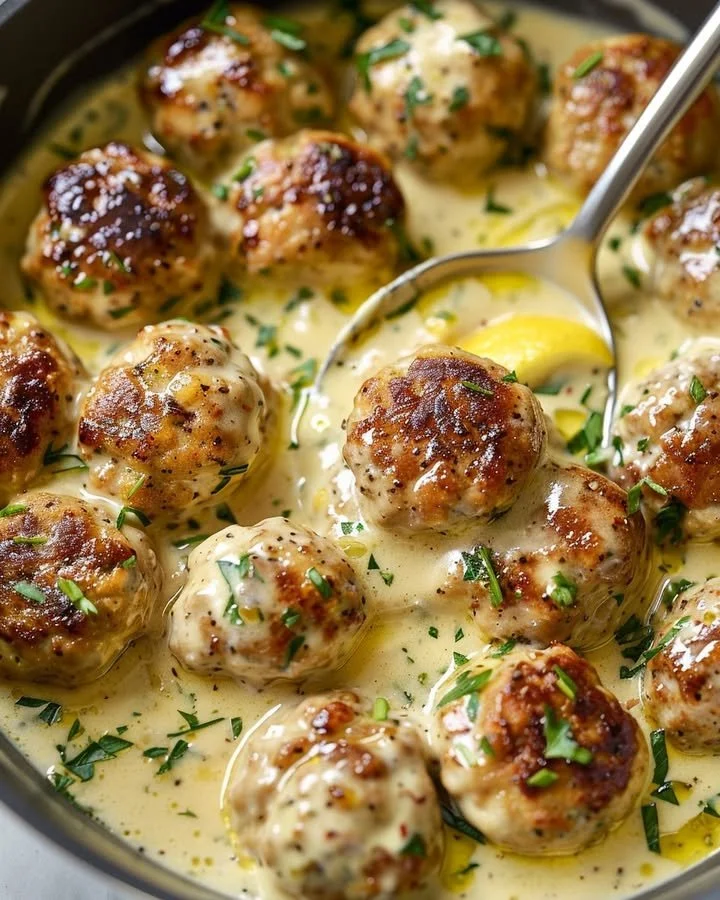 Creamy lemon pepper chicken meatballs served on a plate with herbs.