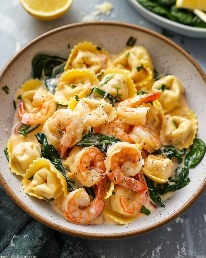 Creamy lemon shrimp tortellini served with fresh herbs and lemon slices.