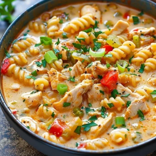 Creamy Parmesan Cajun Chicken Pasta Soup served in a bowl with fresh herbs