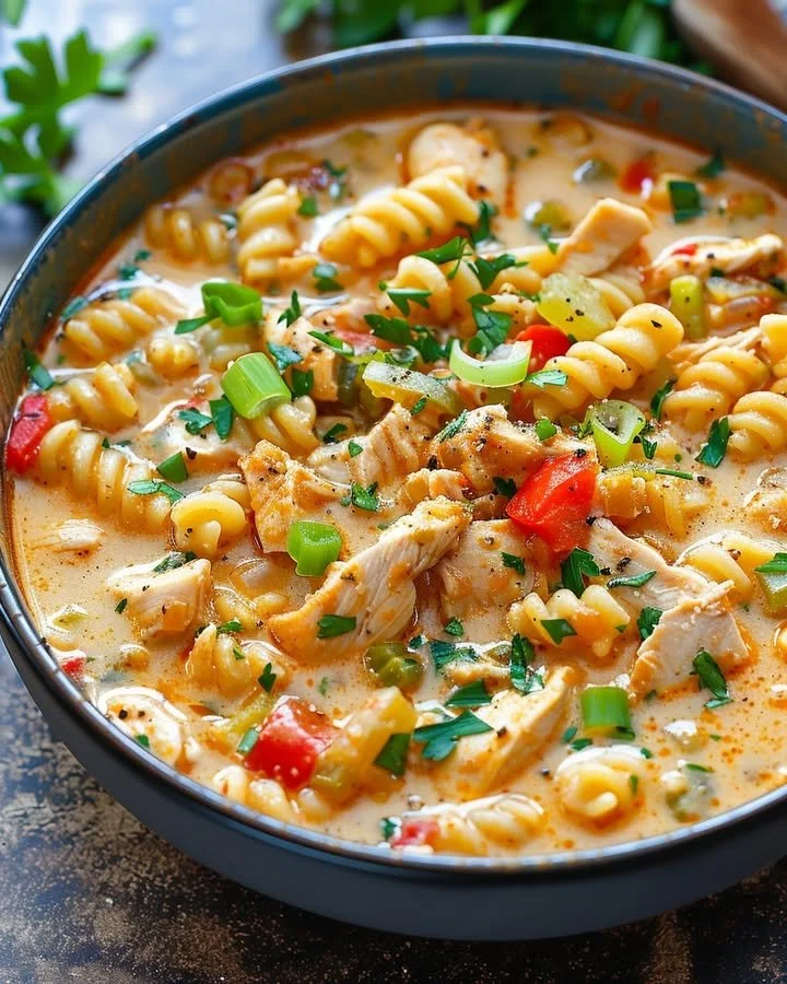 Creamy Parmesan Cajun Chicken Pasta Soup served in a bowl with fresh herbs