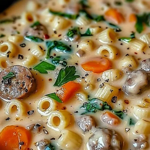 Creamy Parmesan Italian sausage ditalini soup in a bowl