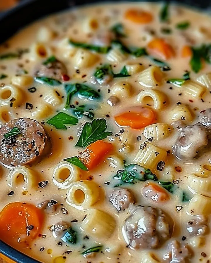 Creamy Parmesan Italian sausage ditalini soup in a bowl