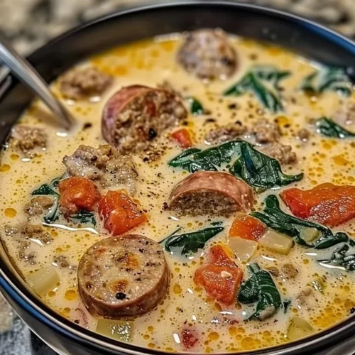 Creamy Parmesan Italian Sausage Soup garnished with herbs in a bowl