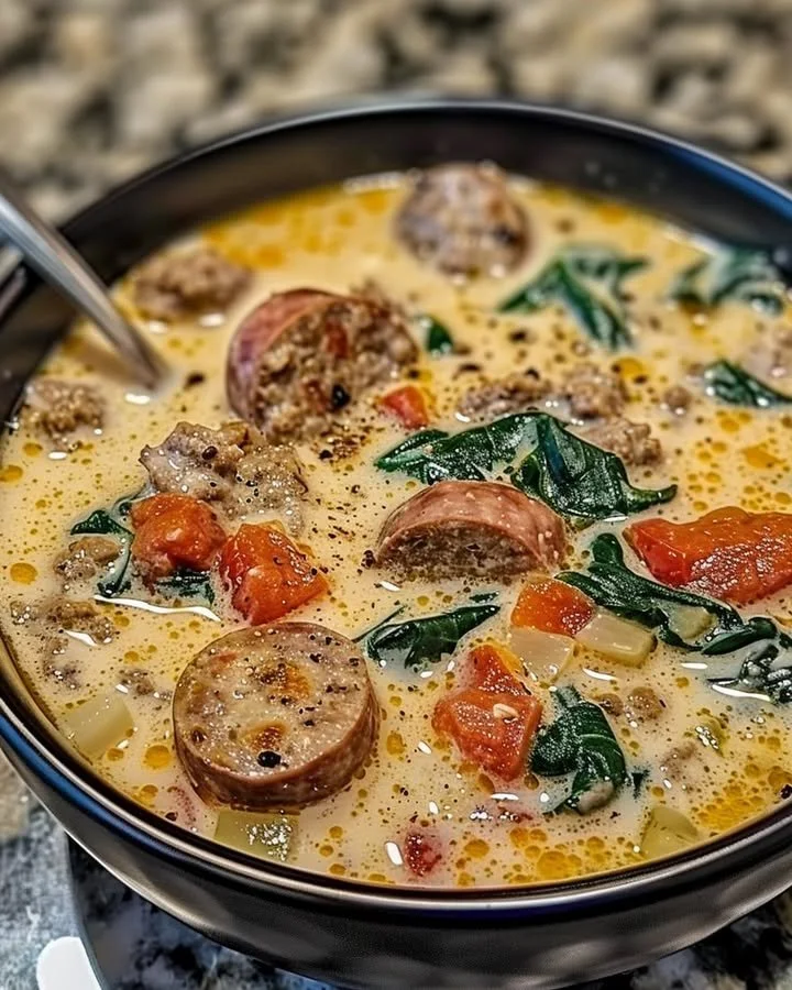 Creamy Parmesan Italian Sausage Soup garnished with herbs in a bowl