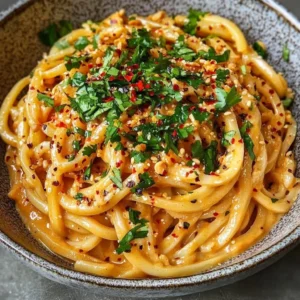 Creamy peanut udon noodles with vegetables in a bowl.