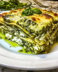 Creamy pesto and ricotta lasagna served in a baking dish with fresh basil