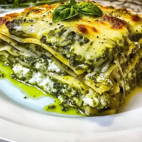 Creamy pesto and ricotta lasagna served in a baking dish with fresh basil