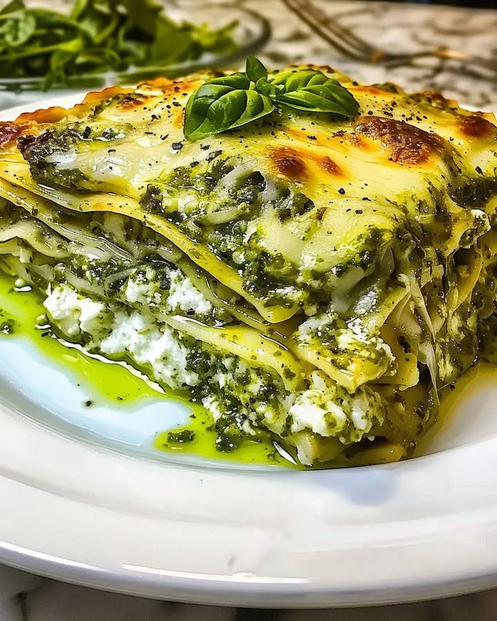Creamy pesto and ricotta lasagna served in a baking dish with fresh basil