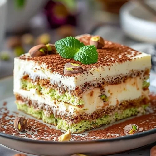 Creamy pistachio tiramisu dessert with a nutty topping and coffee layers