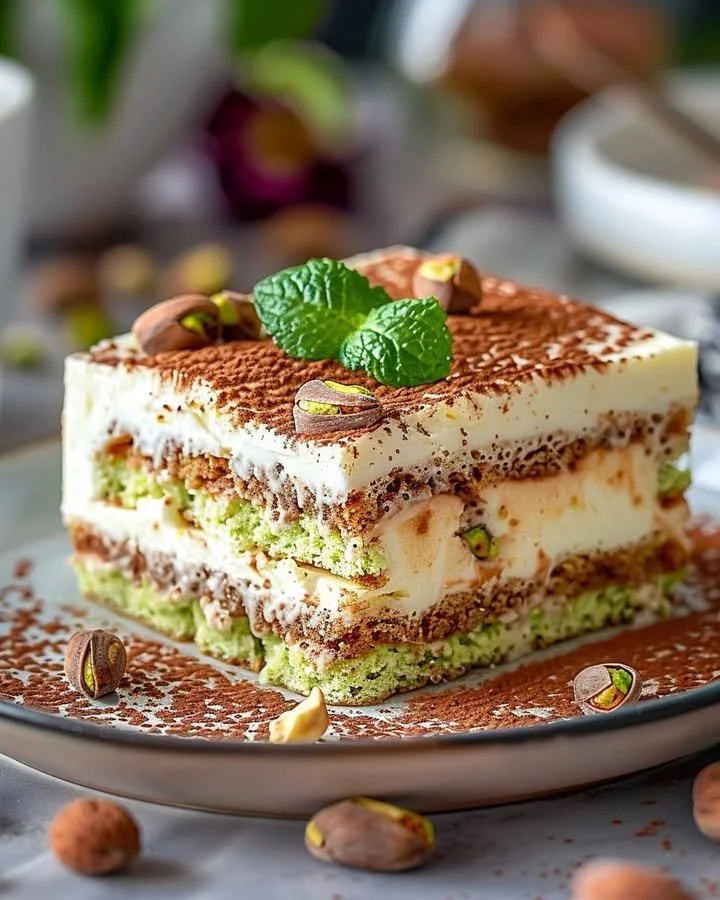 Creamy pistachio tiramisu dessert with a nutty topping and coffee layers