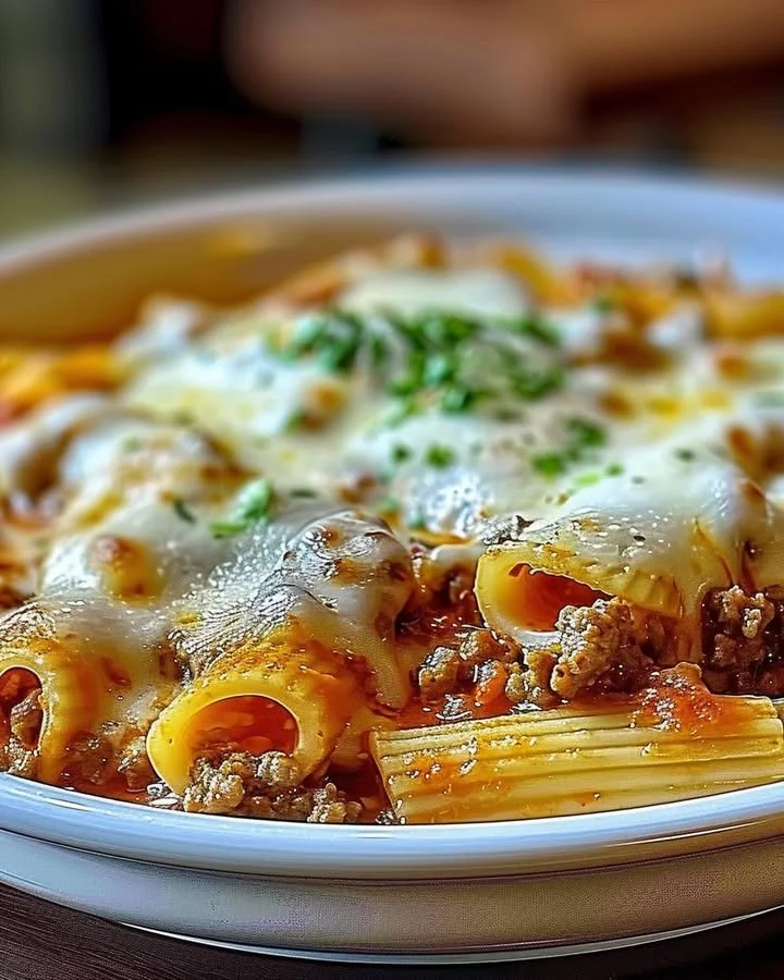 Delicious creamy ricotta beef stuffed shells pasta topped with cheese