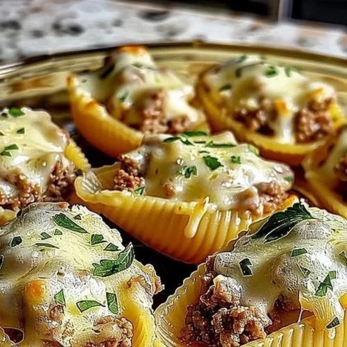 Creamy ricotta beef stuffed shells pasta served on a plate