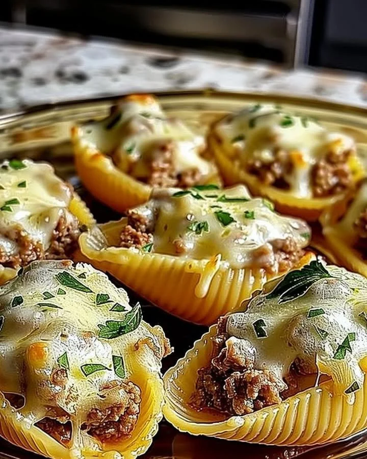 Creamy ricotta beef stuffed shells pasta served on a plate