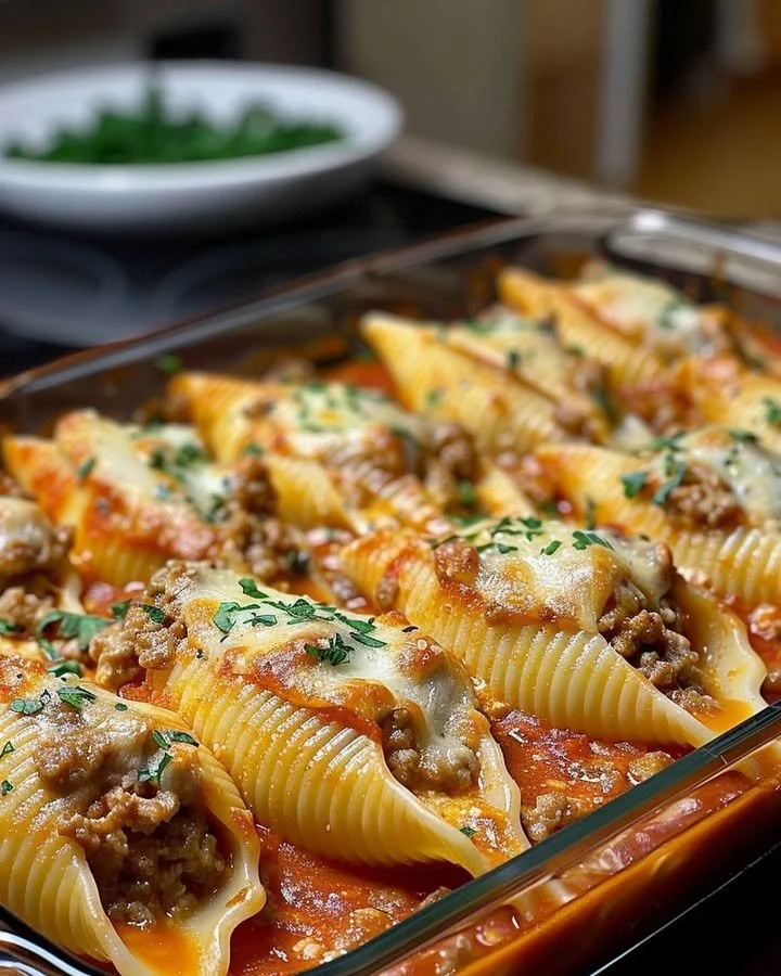 Creamy ricotta beef stuffed shells pasta served on a plate